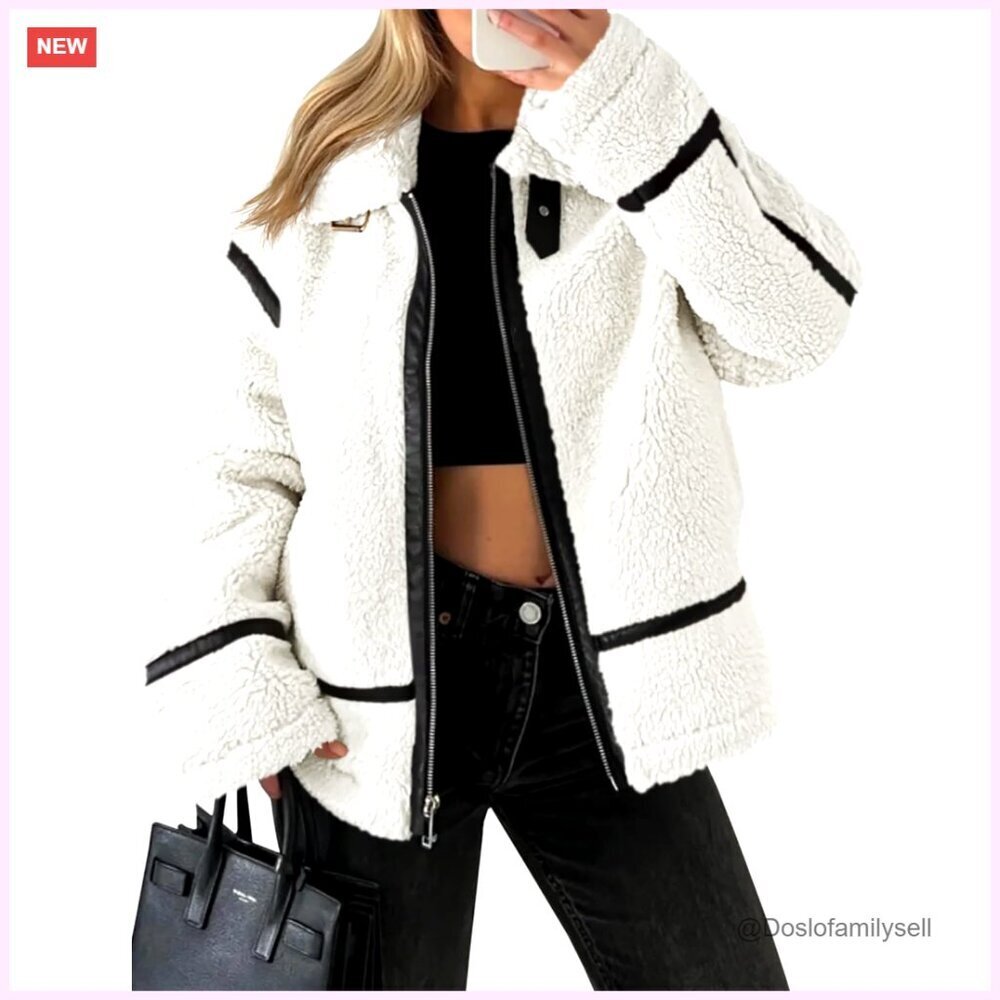 Faux Fur Sherpa Moto Jacket with Leather Patchwork, Cropped Oversized Zip Up